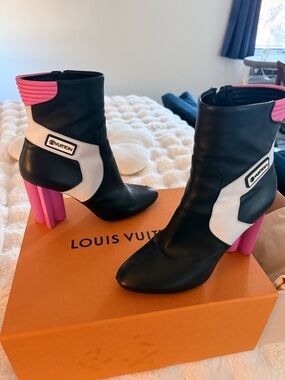 Louis Vuitton Black White Ankle Boots with Pink Sculpted Heel